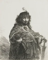 1634年、剣に手を傾け、羽毛のベレー帽をかぶった自画像（？）